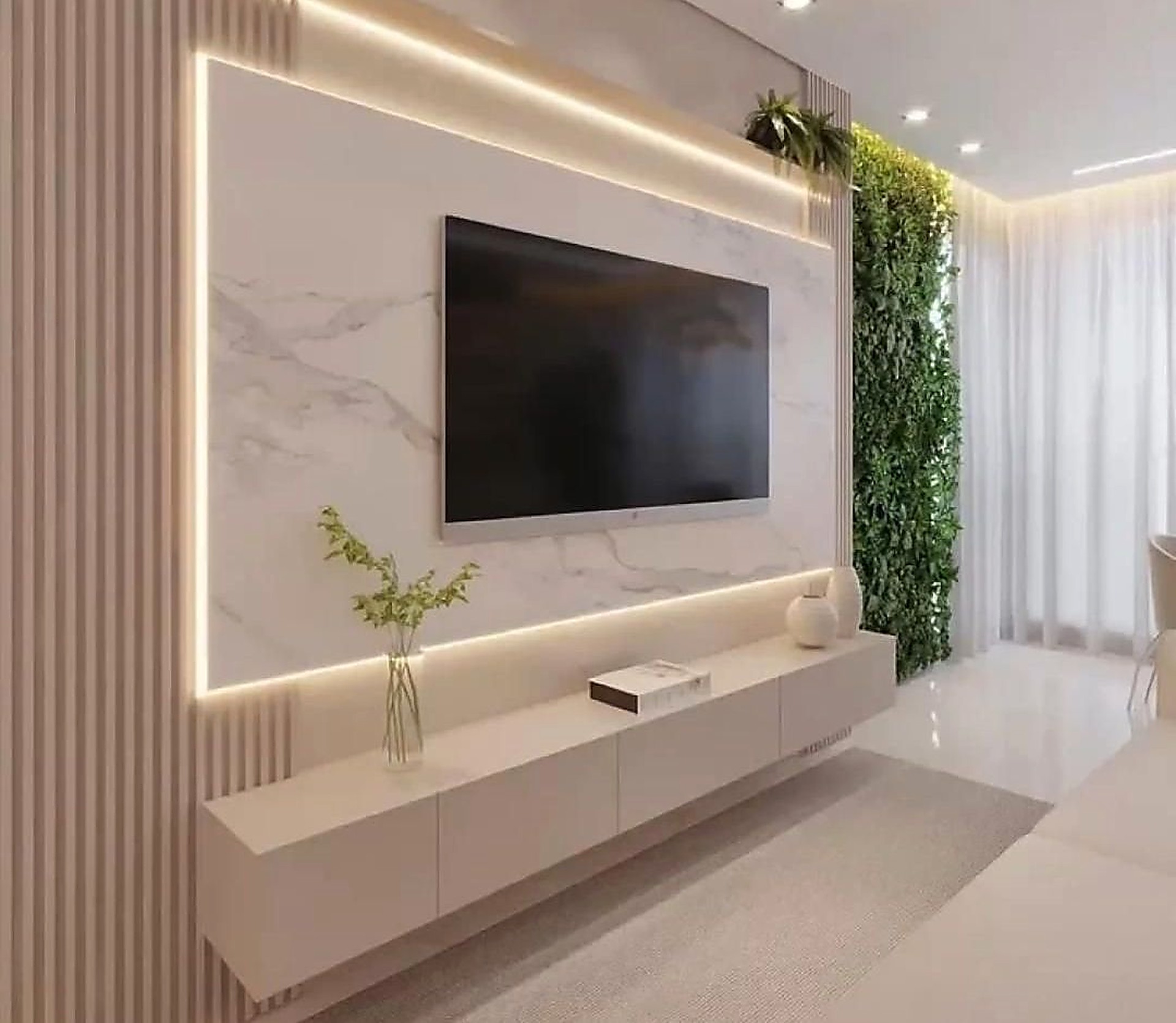 Fluted wall panelling in a finished interior